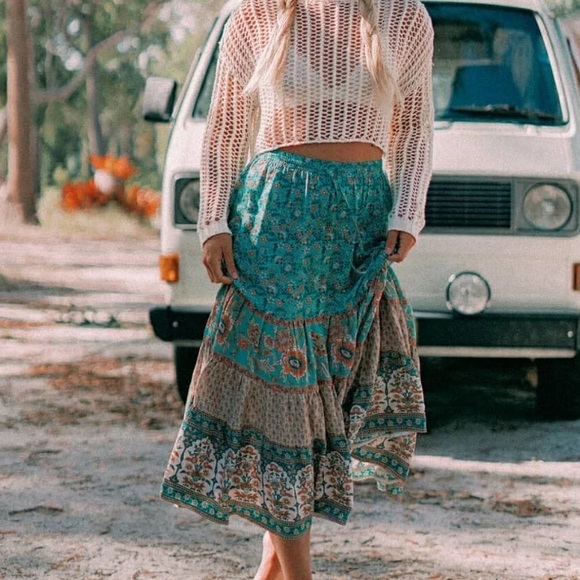 SOLD OUT Turquoise Bohemian Floral Long Casual Skirt - Picture 3 of 6